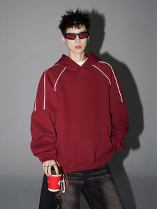 Wine <b>Red</b> Solid Reflective Strip Stitching 100% Cotton Loose Fit Autumn <b>Men's</b> Heavy <b>Fleece</b> Anti-shrink Hoodie & Sweater Jacket - Product Image 2