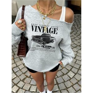 Women's Shoulder Sweatshirt Long Sleeve Vintage Car Print <b>Y2K</b> Asymmetric Pullover Graphic Top Breathable 320g Knitted Fabric - Product Image 5