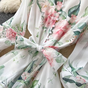 Robe longue romantique française pour femme, à col en V, manches longues, taille nouée, imprimé floral, respirante, coupe trapèze, garantie qualité - Product Image 5