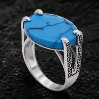 Bague de mariage de luxe en argent sterling 925 avec turquoise naturelle et motif clé grecque pour homme et femme
