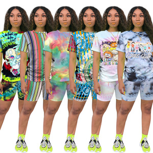 Casual Summer Women Cartoon printing Loose Short Sleeve O-neck T-shirt 2 Piece Biker Running Shorts Set - Product Image 2