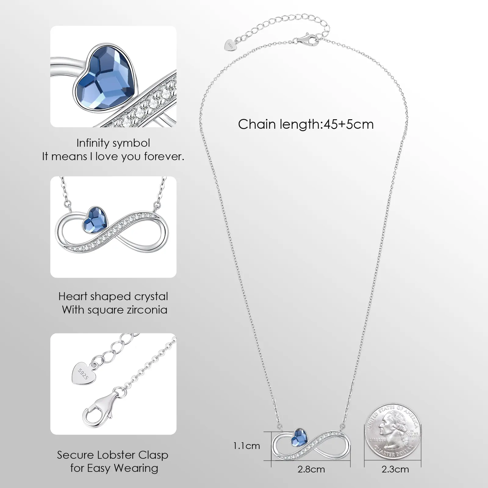 CDE SSYN002 perhiasan halus 925 perak murni simbol tak terbatas kalung grosir kristal berbentuk hati dengan kalung persegi