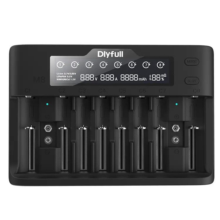 Dlyfull M8 10 स्लॉट 2A फास्ट चार्जिंग यूनिवर्सल रिचार्जेबल विभिन्न ली-आयन 3.85V 9V Ni-MH AA बैटरी चार्जर एलसीडी के साथ