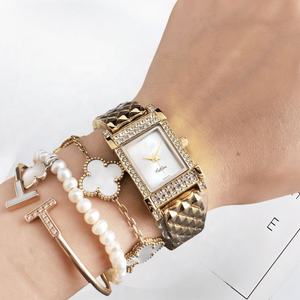 Reloj de Diseñador de Marca con Logotipo Personalizado, Reloj Cuadrado de Lujo para Mujer con Incrustaciones de Diamantes, Correa Acolchada Dorada, Esfera Verde, Relojes de Moda - Product Image 6