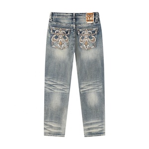 Jeans de mezclilla para hombre, de corte recto, con bordado, lavados, de cintura media, de algodón, de moda. - Product Image 2
