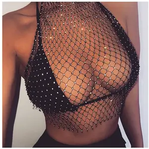 Factory Supply Sexy rhinestone Hollow Out See Through Women's Mesh Crop Tank Tops for Festival Club Rave Outfit