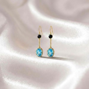 Natural Sky Blue Topaz and Black Obsidian Oval Round <b>Dangle</b> <b>Earrings</b> in 925 Sterling <b>Silver</b> or 18K Gold Filled Faceted Gemstone - Product Image 1