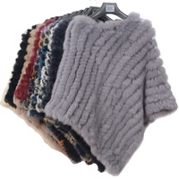 Vente chaude Style britannique Multiple Couleur Triangle Veste Poncho Fourrure Châle Tricot Chaud Lapin Col De Fourrure