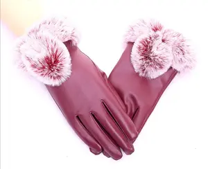 Pu téléphone portable écran tactile gants automne hiver chaud lapin fourrure mitaines femmes dame hommes noir cuir gants - Product Image 2