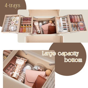 Large Capacity Leather Makeup Case with 4 Trays <b>Lockable</b> Cosmetic Organizer Case Professional Makeup Artist <b>Storage</b> <b>Box</b> - Product Image 3