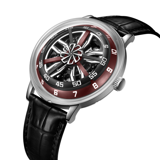 OEM Watches Logo Custom Unique Design Rotation Automatic Rim Genuine Leather Skeleton Car Rolling Mechanical Wristwatch for Men