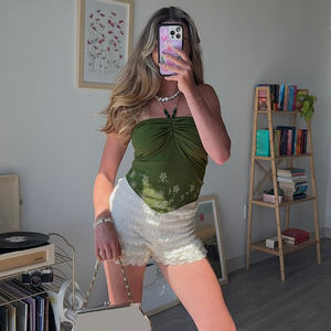 Débardeur Halter Vert Foncé à Motifs Floraux et Perles pour Femme, Dos Nu, Découpes, Ourlet Irrégulier, Style Rétro Urbain - Product Image 3