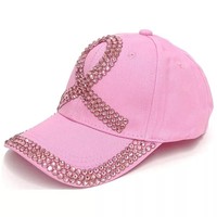 Casquette de baseball unisexe personnalisée en denim rose avec ruban de sensibilisation au cancer du sein, cristaux brillants, rivets et broderie main style streetwear