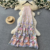 Robe longue décontractée pour femmes WIWT, élégante, avec broderie florale 3D, bretelles spaghetti, coupe évasée, pour les vacances, les soirées, robe pour femmes