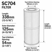 Noyau de filtre pour piscine spa haute densité à 106 plis |   Cartouche à double extrémité ouverte de 2-1/8 po (54 mm) |   Filtration fine au niveau du micron SC704