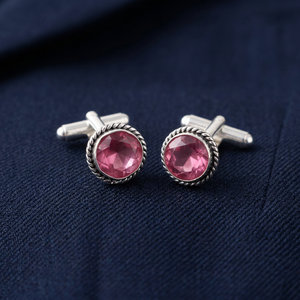 Ensemble de boutons de manchette élégants faits à la main par un designer, sertis de pierres précieuses en tourmaline rose, en argent sterling 925 plaqué, pour hommes et femmes - Product Image 5
