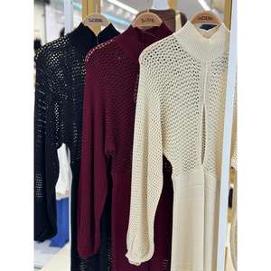 Vestido de punto calado Sobe con cuello alto, ajuste holgado, color crudo, transpirable, para uso diario informal - Product Image 1