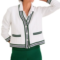 Cardigan en maille torsadée 100 % coton pour femme, col en V, bordure rayée contrastante, style preppy, respirant, collection printemps, vente en gros sur mesure