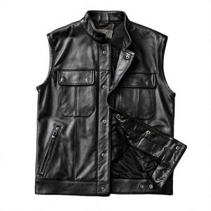 Full Button Up Mens <b>Leather</b> <b>Vest</b> Stand Collar <b>Biker</b> Waistcoat High Quality Genuine <b>Leather</b> Streetwear Riding Wear <b>Leather</b> <b>Vests</b> - Product Image 1