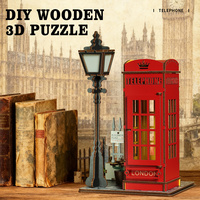 Rompecabezas 3D de Madera con Diseño de Cabina Telefónica Estilo Londinense, Luz Nocturna LED, Decoración para Librería, Envío Inmediato, Dropshipping, 1 Pieza, Kit de Modelo, Regalo