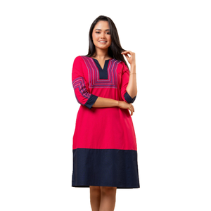 Robe courte en coton rose bonbon à deux tons, avec broderies, décontractée pour femmes - Product Image 6