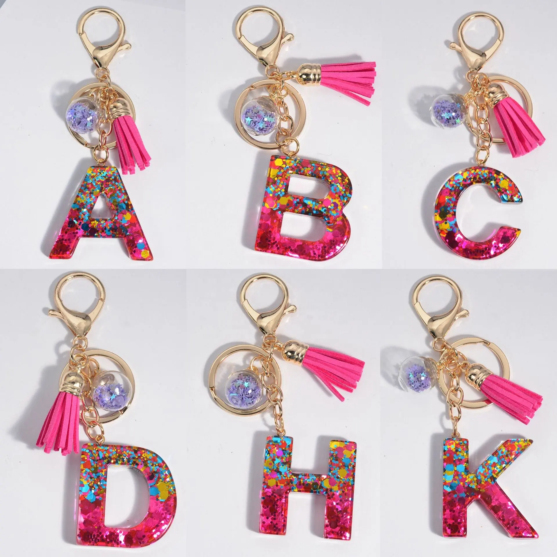 Hot Pink Tassel Glitter 26 Letter Pendent Resin Acrylic Keychain Custom Letter Keychain Initial