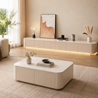Ensemble meuble TV et table basse de salon moderne et minimaliste avec plateau en pierre frittée, meuble en bois, bande LED à capteur, fixation au sol