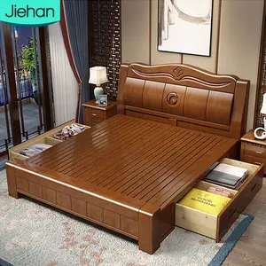 direct sale Chinese style king size bedroom furniture solid wood contemporary double design queen frame bed with storage