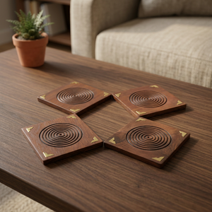 Ensemble de sous-verres circulaires en bois avec incrustations en laiton, fabriqués à la main en Sheesham, sous-verres classiques pour la décoration de table à la maison, accessoires pour boissons, cadeaux de cuisine - Product Image 1