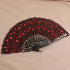 High Quality Fabric Hand Fans Advertising Portable Sequined Embroidery Folding Dance Fan Custom Logo Plastic Hand Fan - Product Image 4