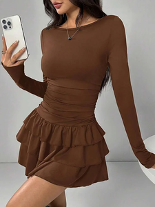 Elegantes Damenkleid mit Trompetenärmeln, Hoher Taille, Sexy Partykleid, Herbst-Winter Einfarbiges Figurbetontes Kleid mit Kaskaden-Rüschen, Mini-Kleid - Product Image 4