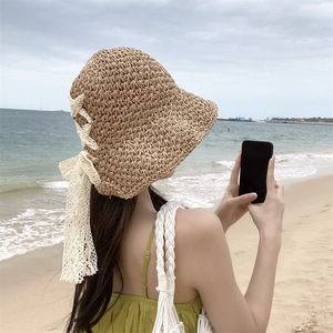 Chapeau Bob Pliable Tendance <span class=keywords><strong>pour</strong></span> Femme en Fourrure avec Nœud en Dentelle et Crochet Creux, Protection Solaire Estivale - Product Image 3