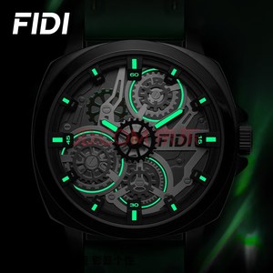 FIDI <b>Men's</b> Skeleton Quartz Watch Black Green Silicone Leather Strap Gear Dial Fashion Sport Casual Business Wristwatch - Product Image 5