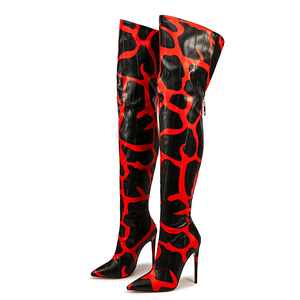 Big Size 47 Women Mixed Print Back Zipper Long Boots High Heels Over Knee <b>Booties</b> Pointed Toe Wide Fit Thigh High Dress Shoes - Product Image 2