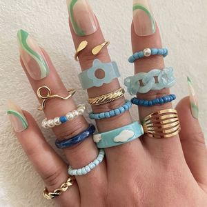 12Pcs/Set Bohemia Finger Jewelry Alloy 18K Gold Plated <b>Adjustable</b> <b>Ring</b> Set with Pearl Pentagram Beads for Women Fashion Colorful - Product Image 1