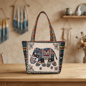 Classic Elephant Butterfly Embroidered Open <b>Large</b> Capacity <b>Canvas</b> Tote Shoulder <b>Bag</b> - Product Image 3