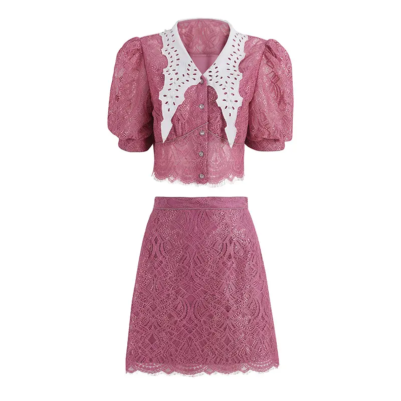 High quality Two Piece Set Women Clothing 2022 Summer Casual Skirt Set Lace Top Embroidered Collar Drop Shipping