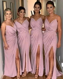 #7645 Spaghetti Strap V-neck Backless Sleeveless Modern Split Bridesmaid Gown Dress Adult Bridesmaid Dress