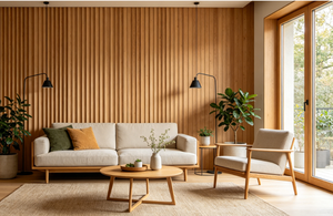 Moderne Wasserdichte 3D Geriffelte WPC Wandpaneele Akustische Holzfurnier-Verkleidung Dekorative Innenraum-Lamellenplatten für Hotel TV-Hintergrund Zuhause - Product Image 2