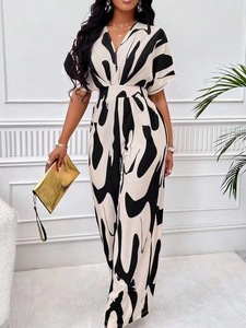Completo da donna elegante primaverile con stampa all-over, scollo a V, maniche a mezza lunghezza e pantaloni ampi in poliestere ed elastan, stile europeo-americano per il commercio estero - Product Image 6