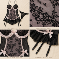 Ensemble de lingerie corset en dentelle noire et rose, bretelles réglables, semi-transparent, 2 pièces, sous-vêtements pour femmes