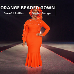 ADR051105 Robe de Soirée Sirène Midi Orange Élégante à Volants et Perles, Manches Longues, Taille Empire, Respirante et Écologique pour Femme - Product Image 2