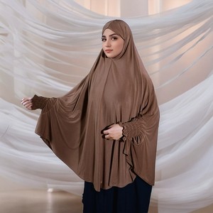 Khimar en jersey de coton uni avec manches élastiques, turban en chanvre cristallin, foulard pour femme musulmane, décontracté - Product Image 1