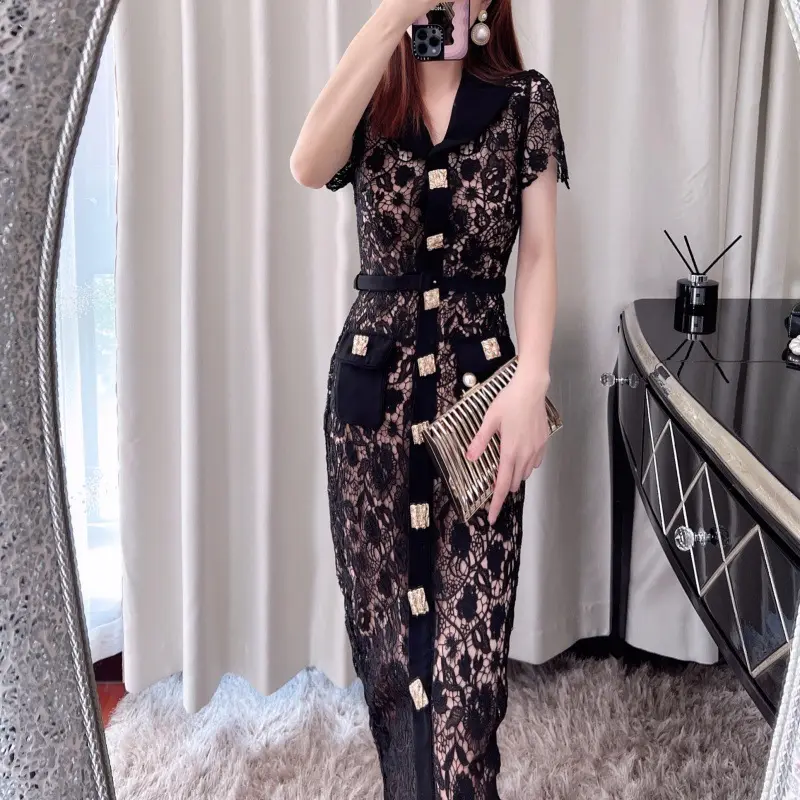 2023 women modest Floral Patterns V Neck Skinny Guipure Lace Panel Hollow Out black cut out lace dress