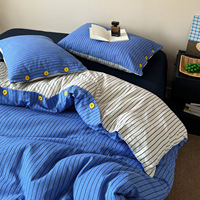 Ensemble de literie respirant à rayures avec boutons décoratifs, 4 pièces, housse de couette respirante, drap-housse pour toutes les saisons