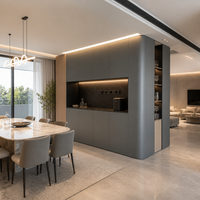 Buffet moderne personnalisé gris foncé minimaliste pour salle à manger avec bar à café et prises intégrées pour villa