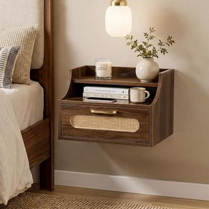 Mesita de Noche de Pared con Estante Superior Abierto, Cajón de Ratán con Tirador Dorado, MDF de Nogal Curvado en <span class=keywords><strong>3D</strong></span> - Product Image 1