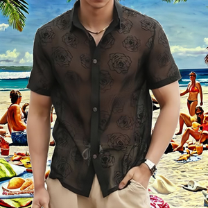 Nouvelle chemise décontractée à manches courtes pour homme ODM avec maille à pois respirante anti-froissement style décontracté pour les vacances de printemps - Product Image 3