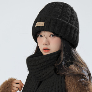 Knitted Hat And Scarf Set Women Winter Warm Neck Protection Off White Black Pink Red Gray Burgundy White Dark Brown 2 Piece - Product Image 4