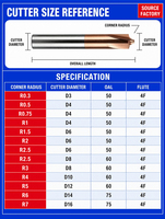 Fraise à rayon interne en carbure de tungstène HRC55 à 4 cannelures, revêtement nano AlTiN, R0.3-R7mm, hélice de 35°, universelle OEM pour usinage en montée